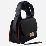 Side view of the The Belsize Black Leather Small Flapover Shoulder Bag.