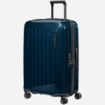 Side view of the Nuon Metallic Dark Blue 69cm Expandable Spinner Suitcase.