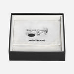 The bespoke Montblanc gift box for the Meisterstück Stainless Steel Oval Cufflinks with Black Geometric Lacquer Inlay.