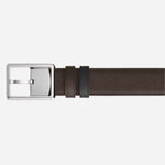 The ebony Sartorial leather side of the Montblanc 30 mm Rectangular Pin Buckle Reversible Black and Ebony Sartorial Leather Belt.