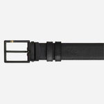 The Sartorial leather side of the Montblanc 30 mm Reversible Black Sartorial and Meisterstück Leather Belt with Black Rectangular Pin Buckle.