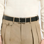 The black Sartorial leather side of the Montblanc 35 mm Rectangular Pin Buckle Reversible Black and Ebony Sartorial Leather Belt.