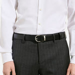 The black leather side of the Montblanc 30 mm Horseshoe Pin Buckle Reversible Black and Ebony Meisterstück Leather Belt.