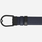 The buckle and midnight blue side of the Horseshoe Light Buckle Reversible Midnight Blue/Black Leather Belt.