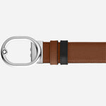 The Sartorial-print fauve brown side of the L'Ovale Buckle Reversible Fauve/Black Leather Belt.