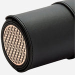 Close up of the copper end panels on the Axis Black and Copper Triple Watch Roll.