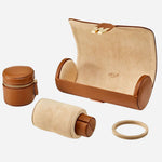 The pieces of the Cassandra Cognac Saffiano Leather Watch and Jewellery Roll.
