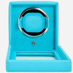The Cub Tutti Frutti Turquoise Faux Leather Single Watch Winder with Cover with front cover down.