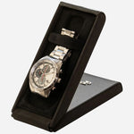 The Philipp Black Faux Leather Flip Watch Stand in display position.