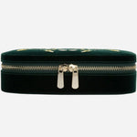 Front view of the Zoe Forest Green Velvet Travel Zip Jewellery Case.