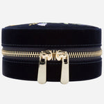 Front view of the Zoe Indigo Velvet Travel Round Jewellery Case.
