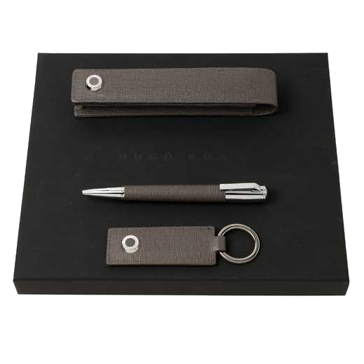This grey pen set has been designed by hugo boss.