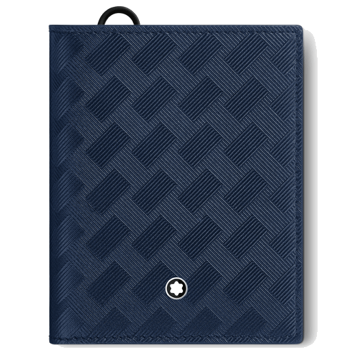 This Montblanc Extreme 3.0 Ink Blue 6CC Compact Wallet has the snowcap emblem.