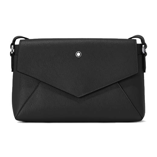 Montblanc's Sartorial Saffiano Black Leather Double Bag has a flap closure into the main compartment.