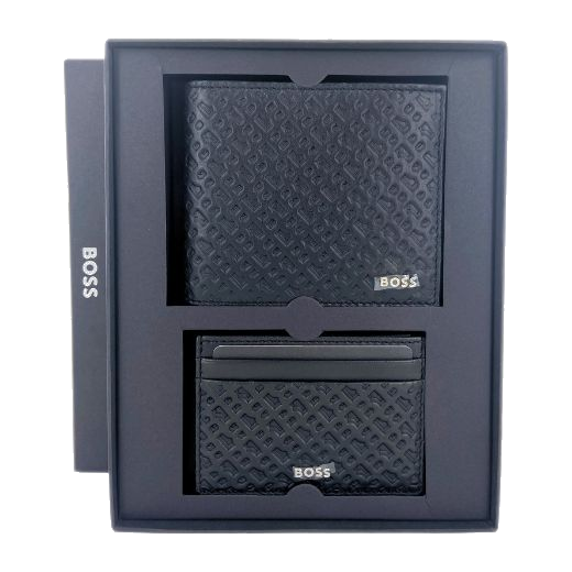 This GBBM Monogram Leather Card Holder & Wallet Set by BOSS has an embossed exterior with the B pattern.