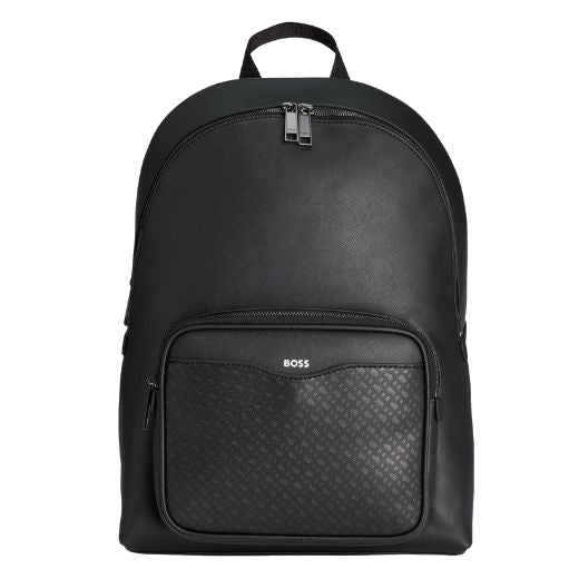 BOSS' Zair Monogram Front Pocket Faux Leather Backpack has a top grab handle and two padded shoulder straps.
