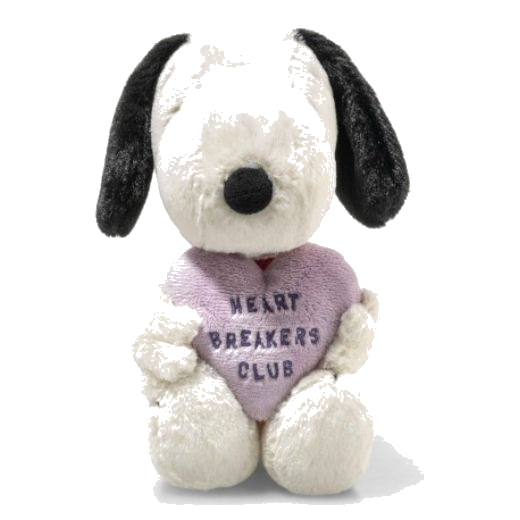 This Soft Cuddly Friends Snoopy Heartbreakers Club 22cm by Steiff has a soft plush purple heart with embroidery on the front.