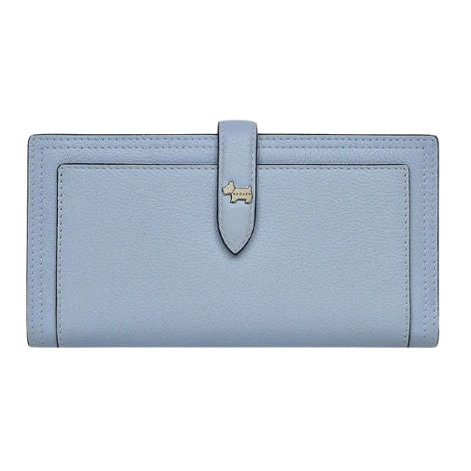 Radley's Smoke Blue Willis Street Large Bifold Purse has a front slip pocket when you lift up the leather strap closure.