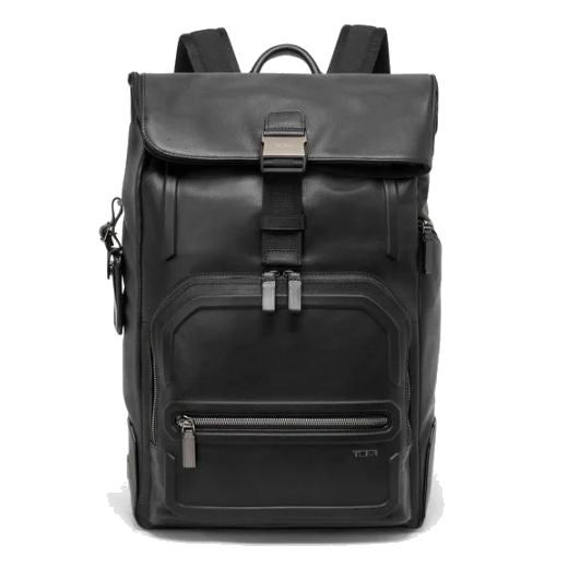 This Harrison Black Bombe Osborn Roll Top Backpack by TUMI has multiple pockets on the front with zipped fastenings.