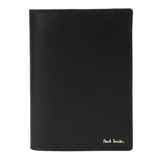 Paul Smith's Black Leather Signature Stripe Passport Holder has the signature in gold foiling on the front.