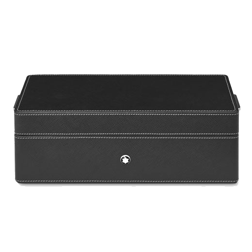 This Montblanc Black Saffiano Leather Desk Box for 3 Pens & Ink Bottle is made out of saffiano leather in black with white stitching to contrast.