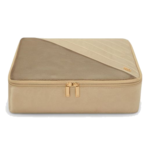 TUMI's Travel Access Gold Medium Packing Cube has polished gold trims including the brand name in gold lettering.