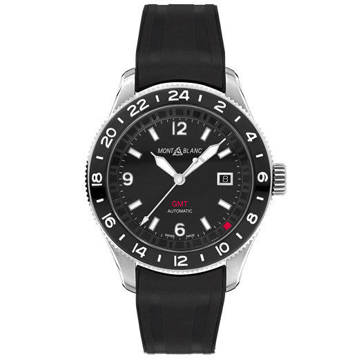 Montblanc's 1858 GMT Black Rubber Watch features Arabic numerals.