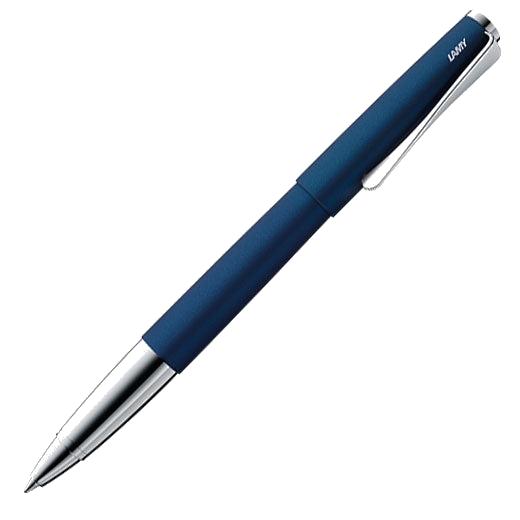 The LAMY imperial blue steel rollerball pen in the Studio collection.