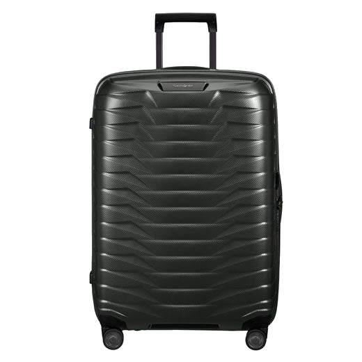 Samsonite's Proxis Matt Climbing Ivy Spinner Suitcase, 69 cm comes in a dark green exterior with black trims.