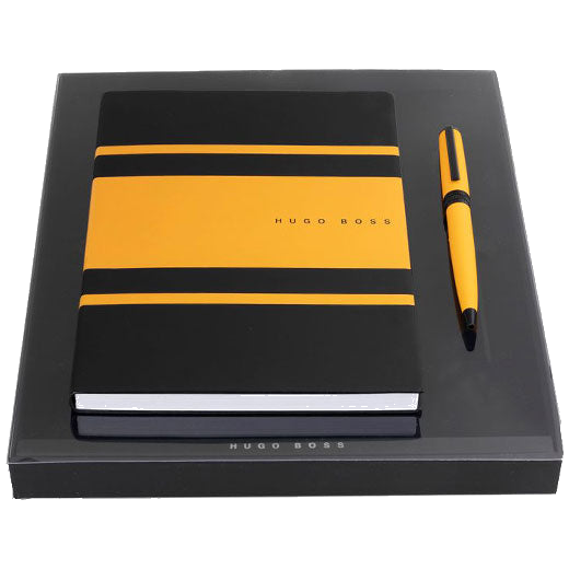 hugo boss yellow gear matrix ballpoint a5 notebook set