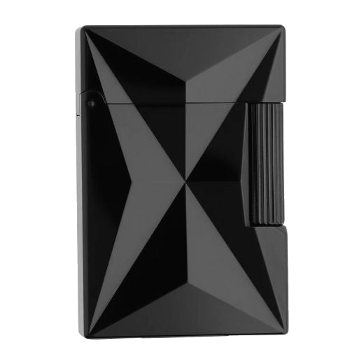 This S.T. Dupont Ligne 2 Small Fire X Black PVD Lighter is made out of shiny black PVD with an engraved pattern on the reverse side.