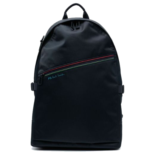 This Paul Smith Black Nylon Sports Stripe Backpack has a diagonal stripe design on the front with the Paul Smith signature underneath.