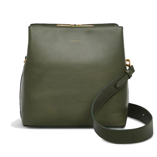 Radley's Dukes Place Dark Olive Medium Compartment Cross Body Bag has the brand name on the front in gold foil embossing to match the gold hardware.