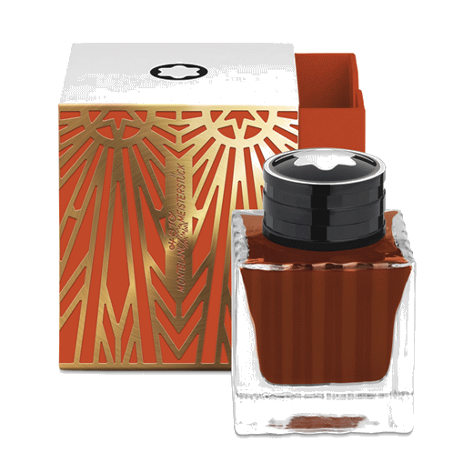 Montblanc's Meisterstück The Origin Collection Coral Ink Bottle, 50 ml has an art deco pattern on the packaging in gold and coral.