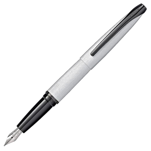 This ATX Brushed Chrome & Black PVD Fountain Pen by Cross has special engraving on the stainless steel nib which is intricate and sharp.