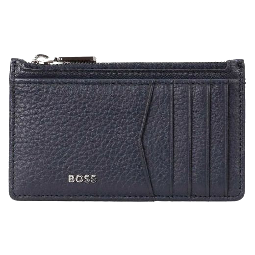 This Crosstown 10CC Navy Grained Leather Zipped Card Holder by BOSS has polished silver hardware including the lettering and zip pull.