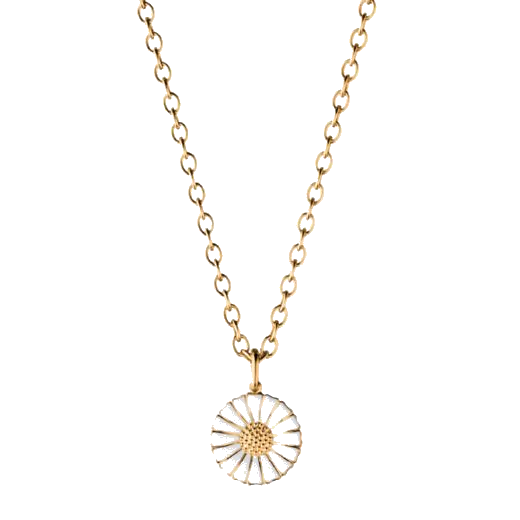 This Gold Plated 18 KT White Daisy Pendant by Georg Jensen is made of sterling silver with gold plating and white enamel for the daisy.