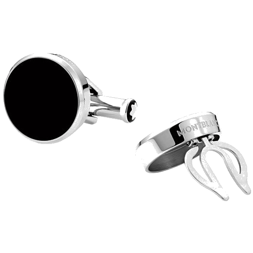 Montblanc stainless steel cufflinks & button covers with a black onyx inlay.