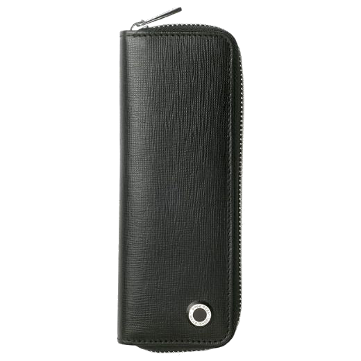 This Black Tradition Zipped Two Pen Pouch by Hugo Boss has a polished silver button on the front for branding with the brand name engraved.