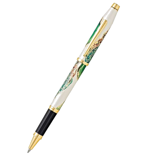 This CROSS Wanderlust Borneo Rollerball Pen has a pearlescent white lacquer barrel and cap with a pattern in shades of green and gold trims.