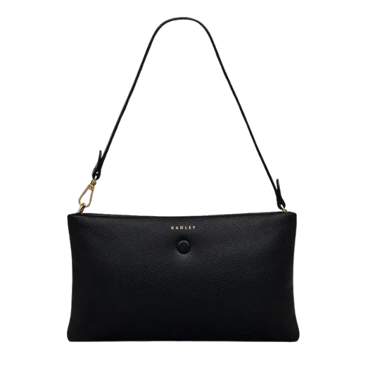 This Radley Mallow Street Black Leather Large Zip-Top Wristlet has a zip into the main compartment with a detachable strap and interior organisation.