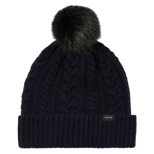 This Women's Navy Wool Cable Knit Pom-Pom Beanie Hat by Paul Smith is great for keeping warm during the Winter and has a soft touch as it is made out of wool.