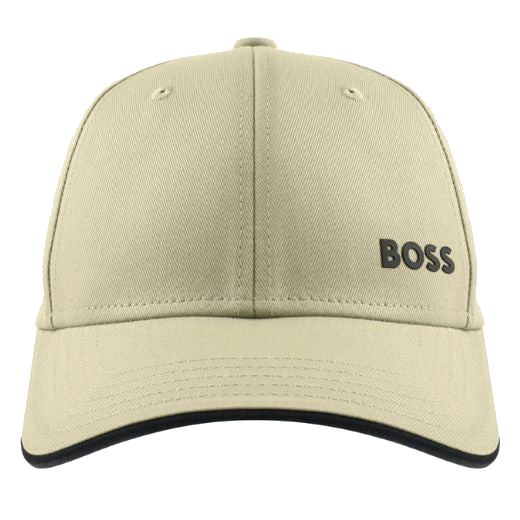 This BOSS Bold Cap in Beige with Contrast Black Piping has the logo which is slightly raised and rubberised.