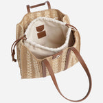 Inside the BOSS Beyond Raffia Tote Bag with Brown Trims and Double 'B' Monogram Logo.