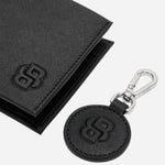 Close up of the logos on the BOSS Black Wallet and Keyring Gift Set with Double "B" Monogram Logo.