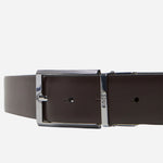 Close up of the pin buckle from the BOSS Black and Brown Reversible Gert-D Gb35 Plaque and Pin Buckle Belt.
