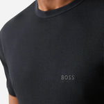 Close up of the logo on the black shirt in the BOSS Men's Black and White Cotton Classic Rib Crew Neck T-Shirt 2-Pack.