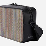 Side view of the Signature Stripe Coated Canvas Cross Body Bag with Dual Zip.