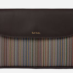 The Paul Smith signature logo embossed in gold foil on the front of the Paul Smith Brown Leather and Multicoloured Coated Canvas Rectangular Grab Bag.