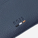 The BOSS logo on the Ray Navy Blue Grained Faux Leather 4CC Card Holder.